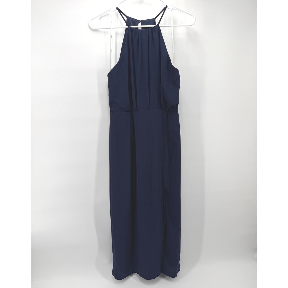 NWT Lulus Maxi Dress Navy Halter Pleated Keyhole Slit Formal Cocktail Women S